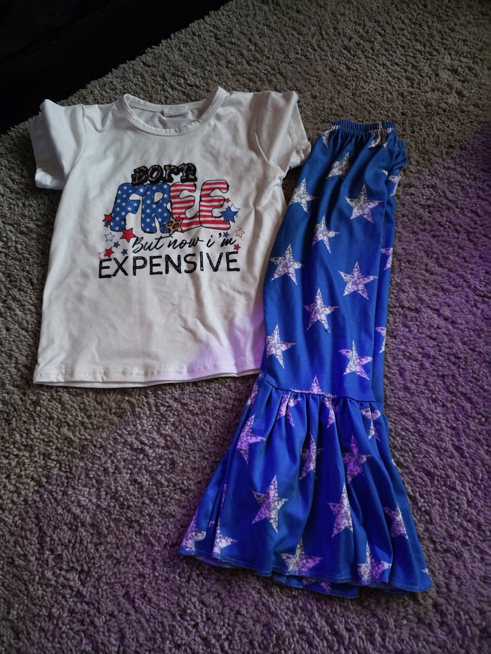 Kids White Graphic Tee & Blue Star Ruffle Pants Matching Set